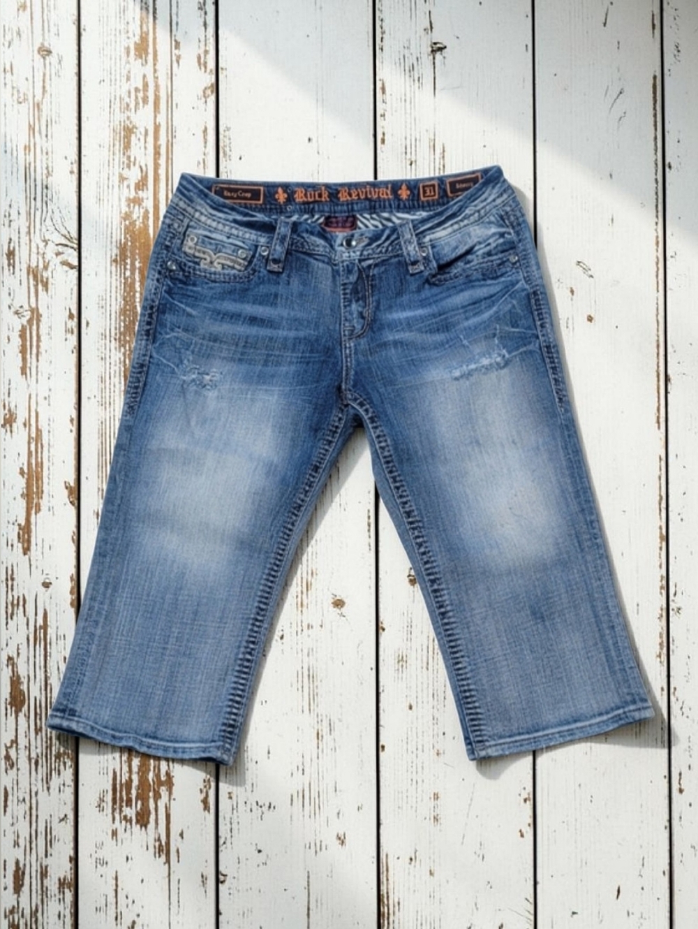 Rock Revival Sherry Crop Jeans 31 Y2K McBling Rhinestone Pocket Capri Denim